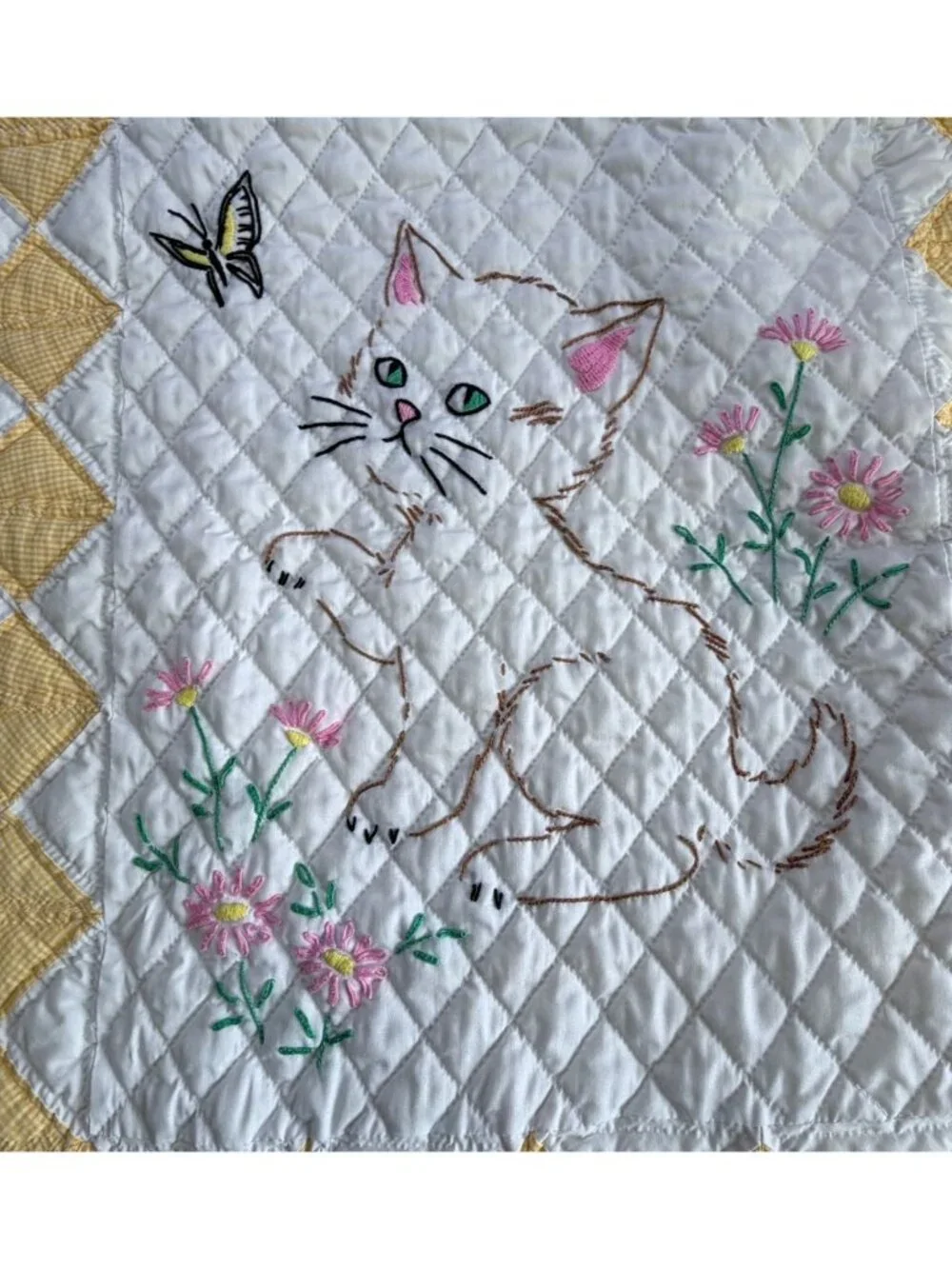 Vintage Handmade Baby Quilt Embroidered Cat Kitten Blanket Satin Yellow White